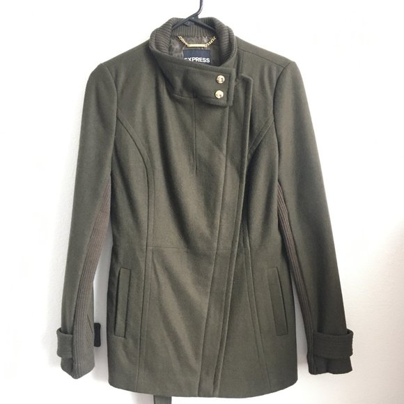 Express Olive Green military style Wool Coat with Gold hardwear, New, Size Small - Picture 3 of 11